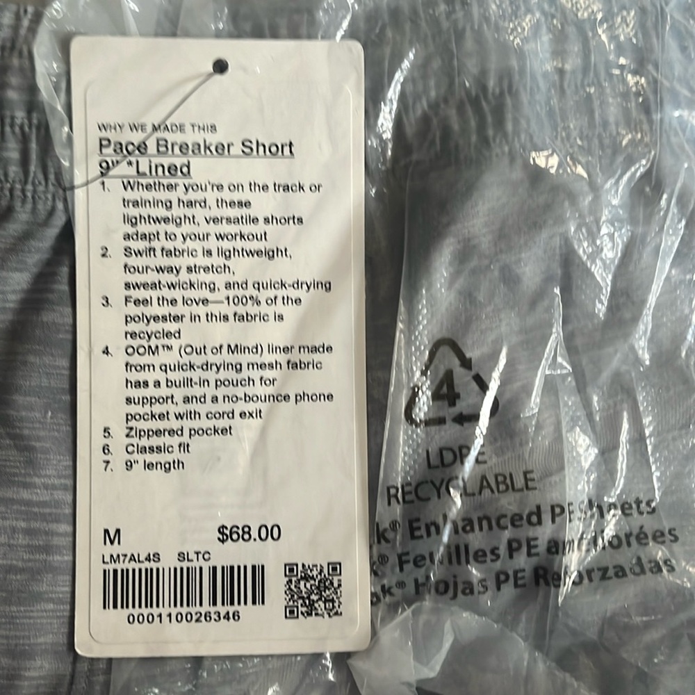 Lululemon Mens Pace Breaker Shorts 9” Lined Heather Gray Medium $55